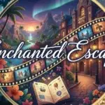 Image with Enchanted Escapes. Background of film reels, hotels resorts for a travel inspired collection