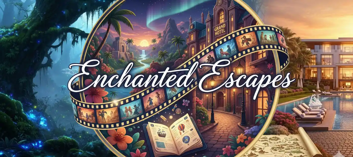 Image with Enchanted Escapes. Background of film reels, hotels resorts for a travel inspired collection