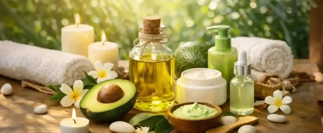 Fresh avocado, avocado oil on a wood surface with a spa like setting.