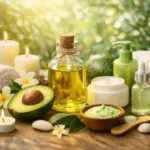 Fresh avocado, avocado oil on a wood surface with a spa like setting.