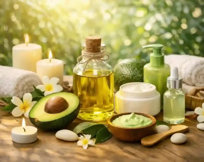 Fresh avocado, avocado oil on a wood surface with a spa like setting.