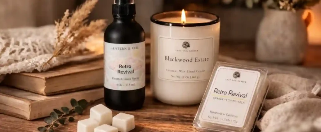 Lantern & Veil Retro Revival room and linen spray, Blackwood Estate candle, and Retro Revival soy wax melts arranged on a cozy wooden table for home fragrance selection