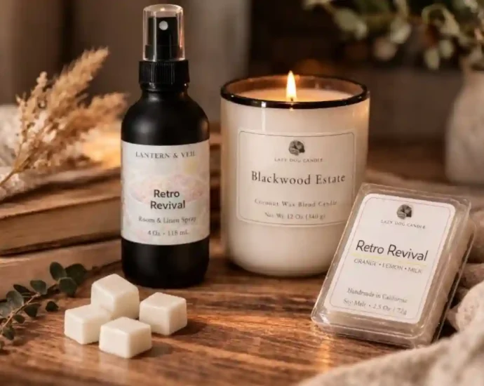 Lantern & Veil Retro Revival room and linen spray, Blackwood Estate candle, and Retro Revival soy wax melts arranged on a cozy wooden table for home fragrance selection