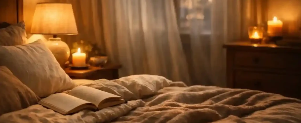 Cozy bedroom with candles, bedside lamp, and open book creating a relaxing evening wind-down atmosphere