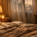 Cozy bedroom with candles, bedside lamp, and open book creating a relaxing evening wind-down atmosphere