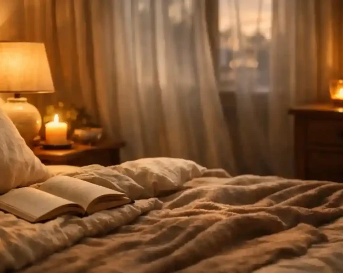 Cozy bedroom with candles, bedside lamp, and open book creating a relaxing evening wind-down atmosphere