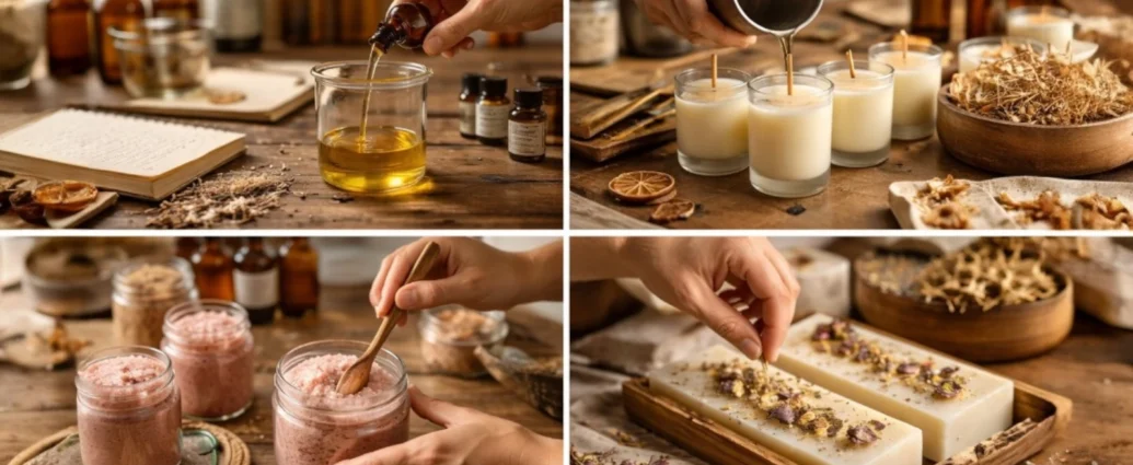 Handcrafted small batch body care products being made including candles, sugar scrubs, and soap.