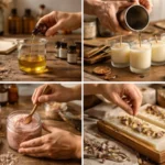 Handcrafted small batch body care products being made including candles, sugar scrubs, and soap.