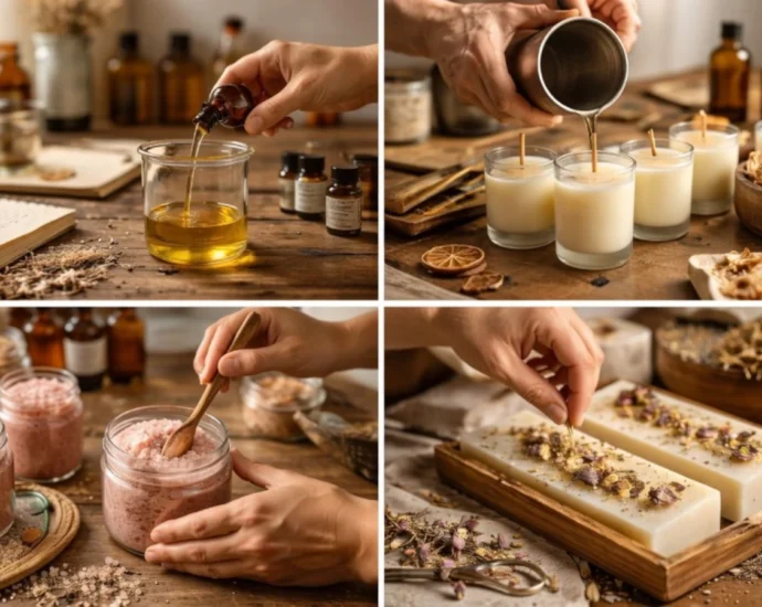 Handcrafted small batch body care products being made including candles, sugar scrubs, and soap.
