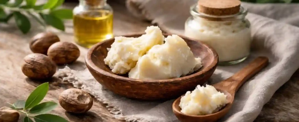 Natural shea butter with shea nuts and skincare ingredients on rustic wooden table