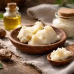 Natural shea butter with shea nuts and skincare ingredients on rustic wooden table