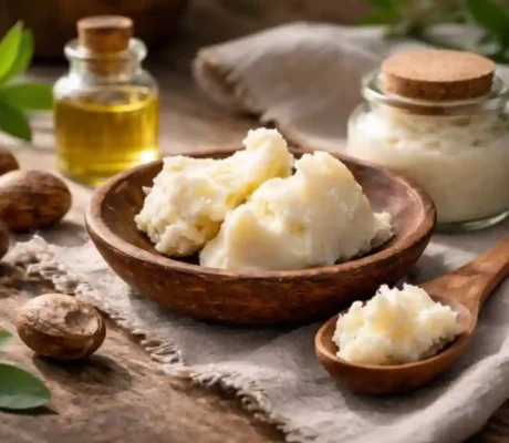 Natural shea butter with shea nuts and skincare ingredients on rustic wooden table