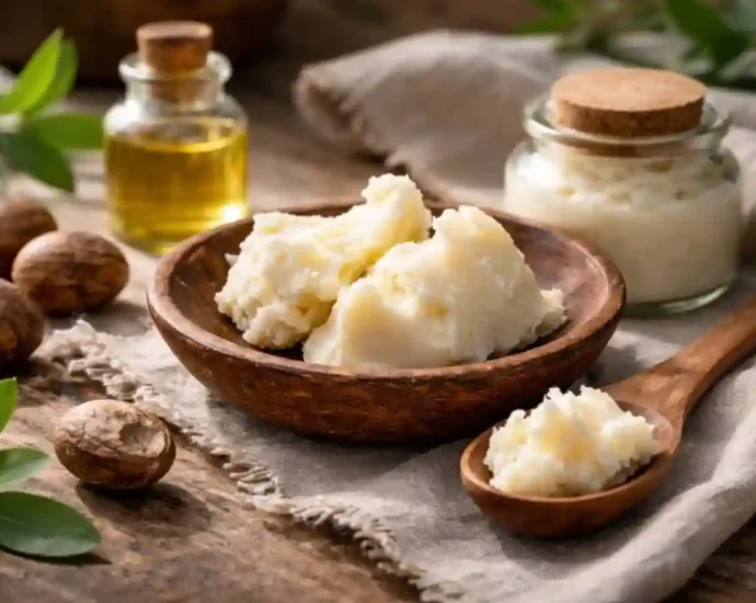 Natural shea butter with shea nuts and skincare ingredients on rustic wooden table