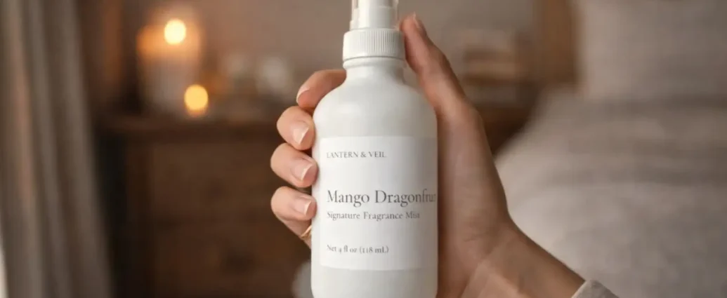 Woman holding Lantern & Veil Mango Dragonfruit signature fragrance mist spray bottle