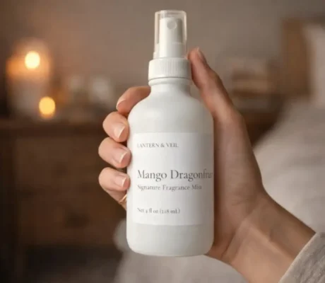 Woman holding Lantern & Veil Mango Dragonfruit signature fragrance mist spray bottle