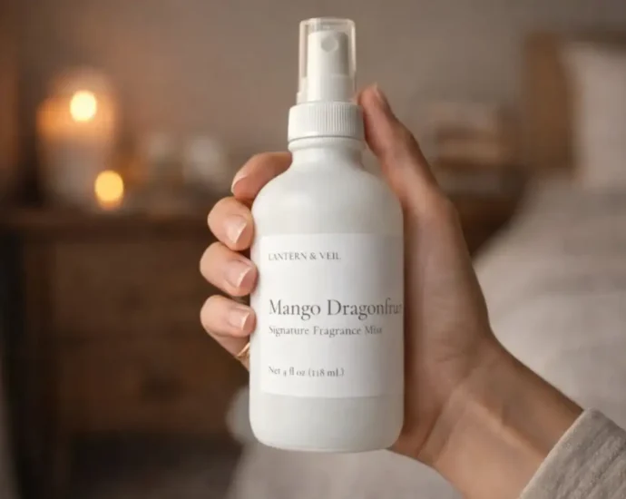 Woman holding Lantern & Veil Mango Dragonfruit signature fragrance mist spray bottle