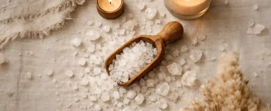 Bath salts in wooden scoop on linen with warm candlelight