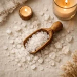 Bath salts in wooden scoop on linen with warm candlelight