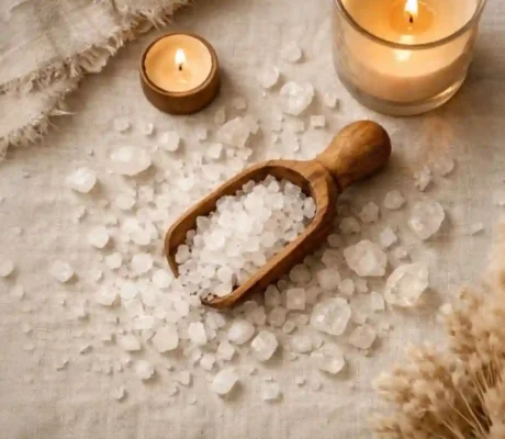 Bath salts in wooden scoop on linen with warm candlelight
