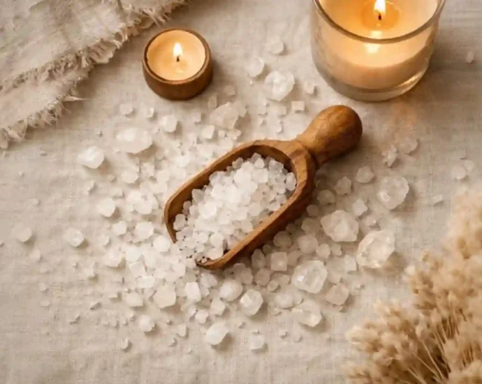 Bath salts in wooden scoop on linen with warm candlelight