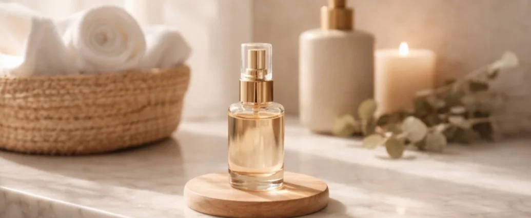 Glass fragrance mist bottle on a marble bathroom counter with a lit candle and rolled towels in the background