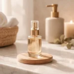 Glass fragrance mist bottle on a marble bathroom counter with a lit candle and rolled towels in the background