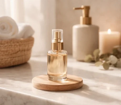 Glass fragrance mist bottle on a marble bathroom counter with a lit candle and rolled towels in the background