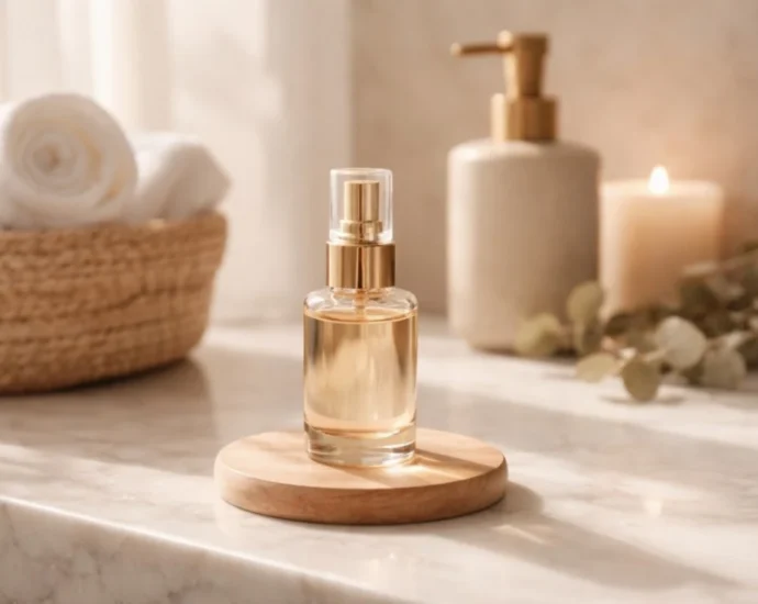 Glass fragrance mist bottle on a marble bathroom counter with a lit candle and rolled towels in the background