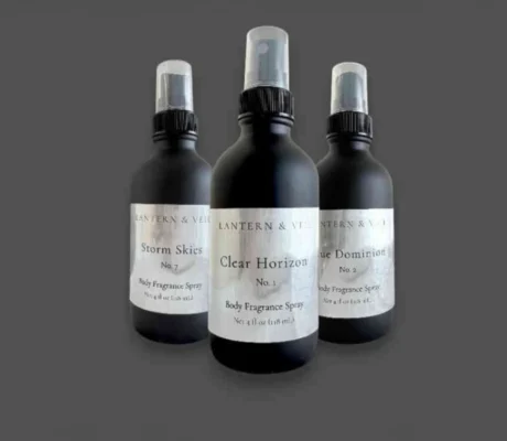 Lantern & Veil men's body fragrance sprays Clear Horizon No. 1, Blue Dominion No. 2, and Storm Skies No. 7