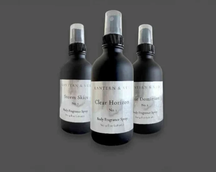 Lantern & Veil men's body fragrance sprays Clear Horizon No. 1, Blue Dominion No. 2, and Storm Skies No. 7