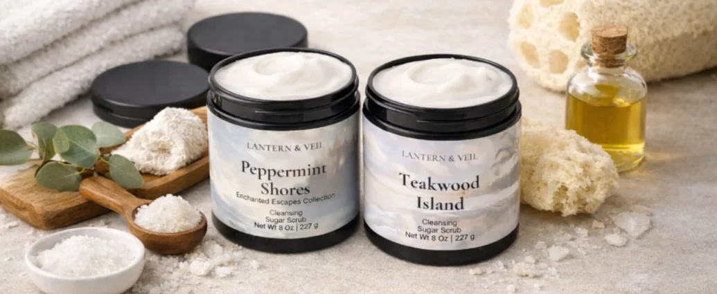 Lantern & Veil cleansing sugar scrubs with creamy exfoliating base and natural sugar crystals