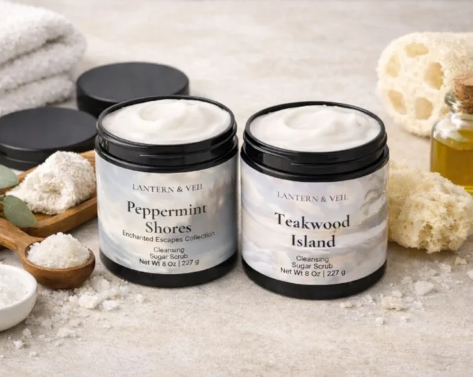 Lantern & Veil cleansing sugar scrubs with creamy exfoliating base and natural sugar crystals