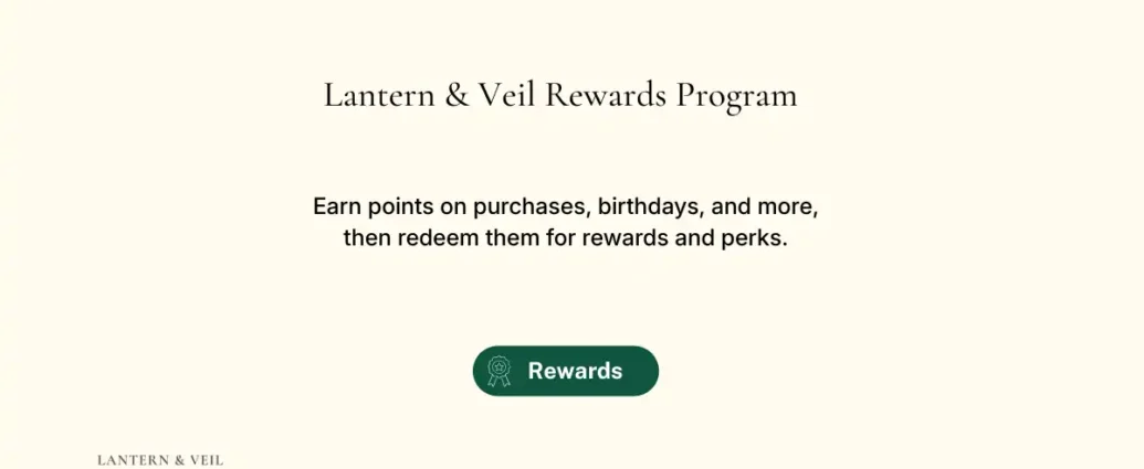 Lantern & Veil Rewards Program graphic explaining how customers can earn points and redeem rewards.